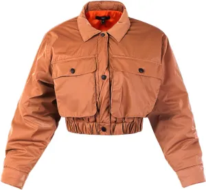 Women's Cropped Front Two Pocket Snap Quilted Padding Bomber Jacket