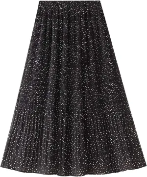 Womens Elastic Summer High Waist Polka Dot Pleated Skirt Midi Maxi Swing Boho Floral Print A Line Maxi Skirt (Color : C, Size : One Size)