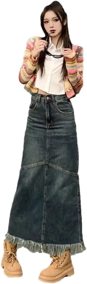 Women's Elegant Style High Waisted Medium Length Denim A- Line Side Slit Skirt