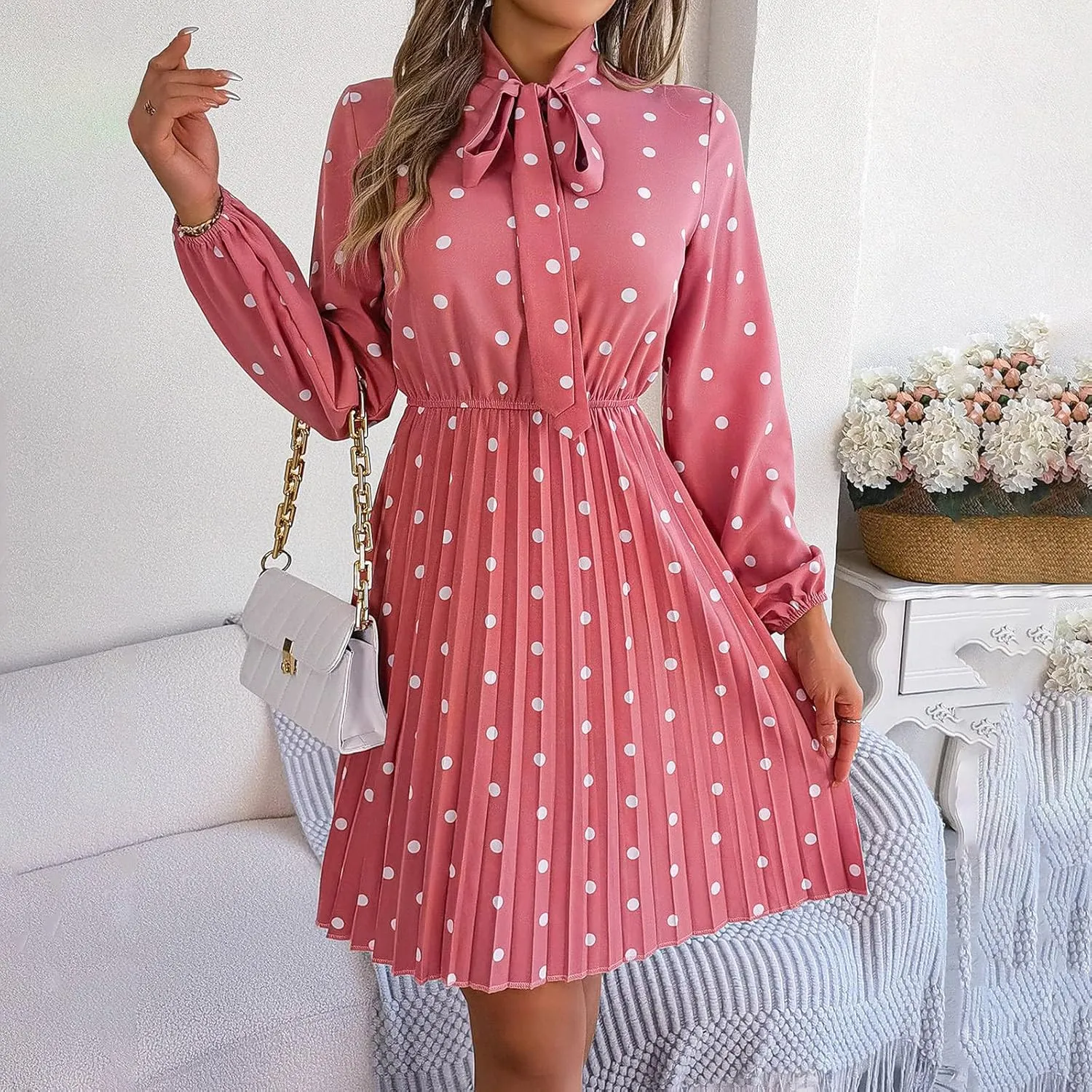 Womens Fall Dresses 2024 Plus Size Elegant Swiss Dot Long Sleeve Dress Flowy Swing Hem Elastic Waist Midi Dress