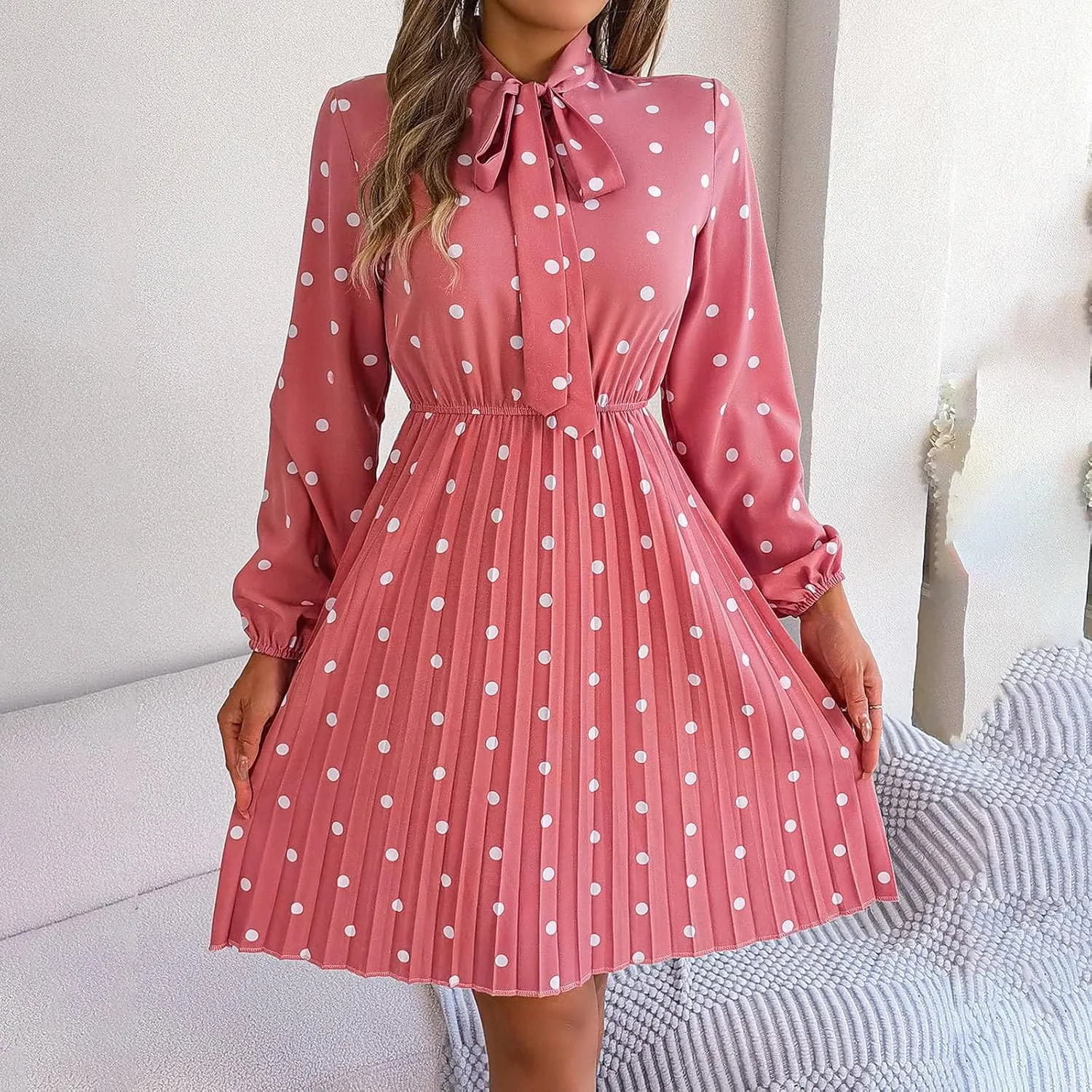 Womens Fall Dresses 2024 Plus Size Elegant Swiss Dot Long Sleeve Dress Flowy Swing Hem Elastic Waist Midi Dress