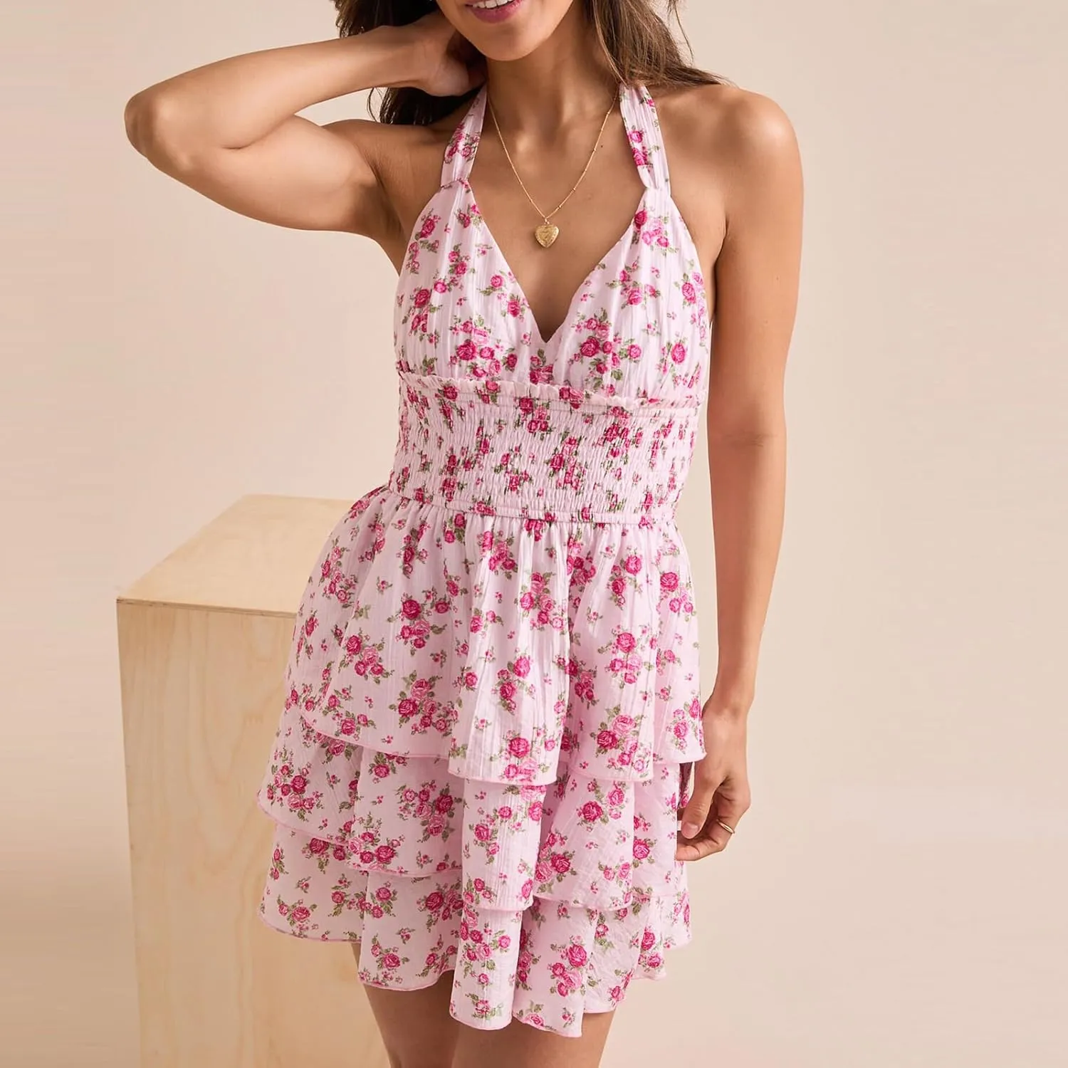 Womens Floral Print Halter Mini Dress V-Neck Backless Preppy Smocked Waist Short Dress Y2k Layer Ruffle Hem Teen Dresses