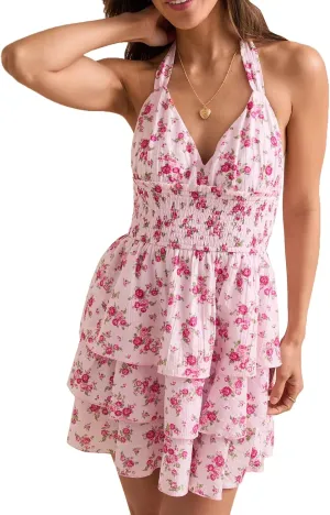 Womens Floral Print Halter Mini Dress V-Neck Backless Preppy Smocked Waist Short Dress Y2k Layer Ruffle Hem Teen Dresses
