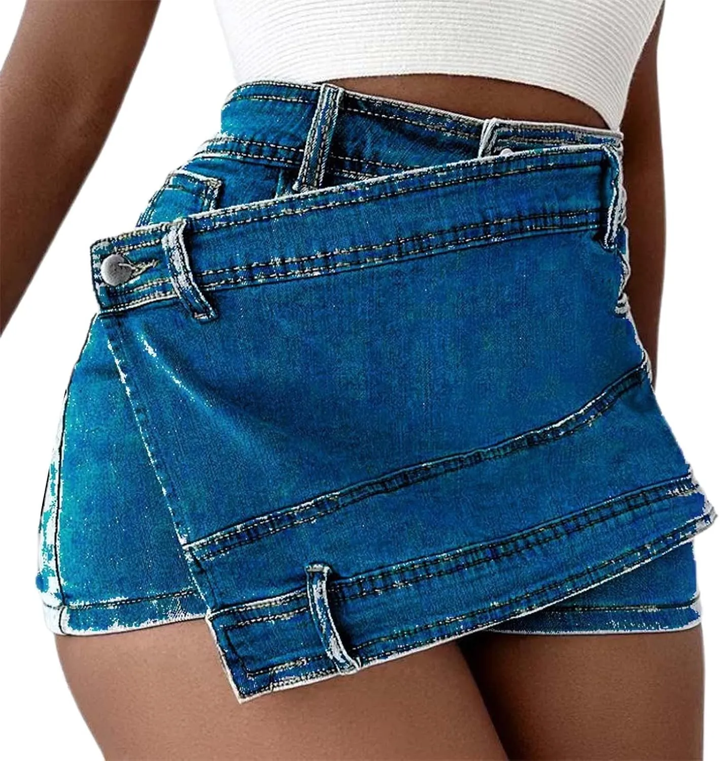 Women's High Waisted Button Front Jean Shorts Denim Casual Wrap Skort Skirt with Pocket Ruffle Trim Denim Skort