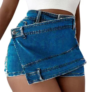 Women's High Waisted Button Front Jean Shorts Denim Casual Wrap Skort Skirt with Pocket Ruffle Trim Denim Skort