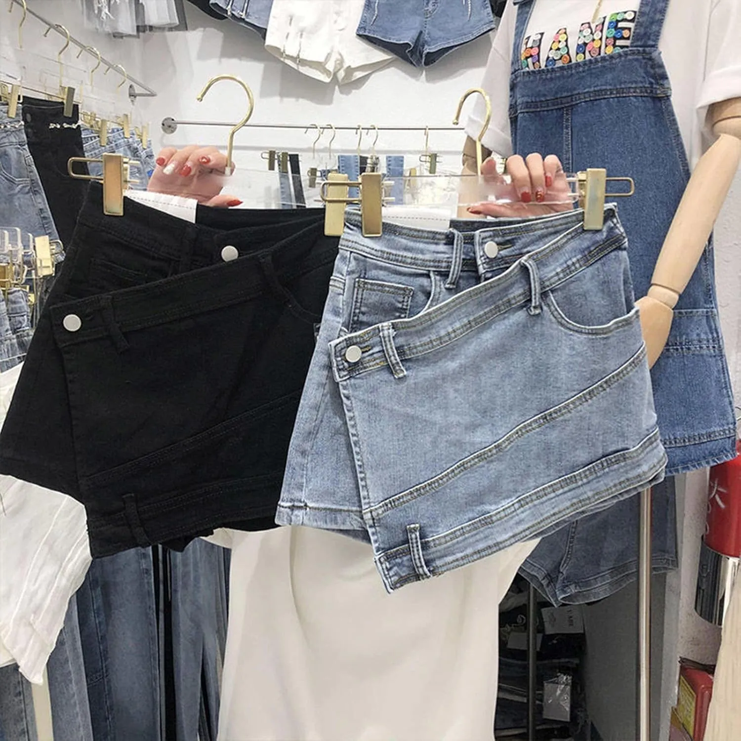 Women's High Waisted Button Front Jean Shorts Denim Casual Wrap Skort Skirt with Pocket Ruffle Trim Denim Skort