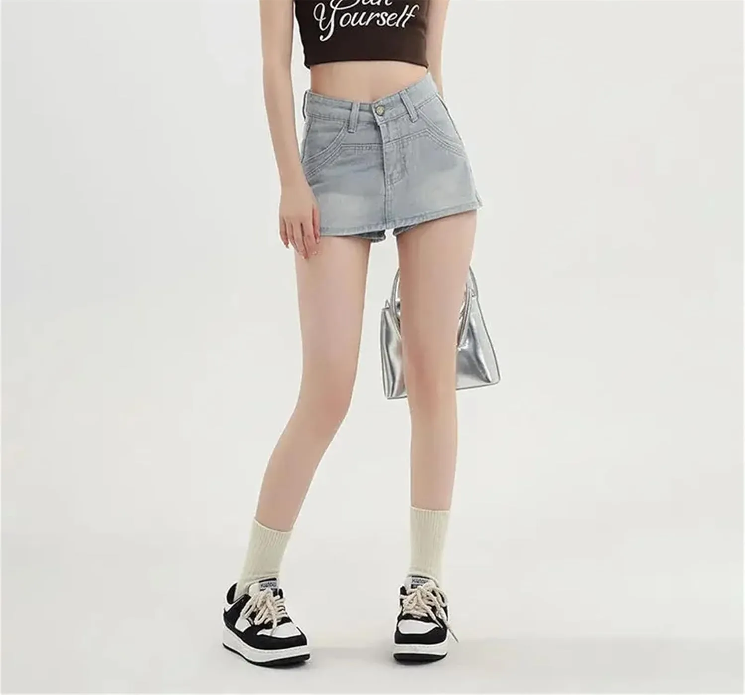 Women's High Waisted Slimming Denim Mini Wrap Skirt Summer Light Color Distressed A Line Hip Skirts