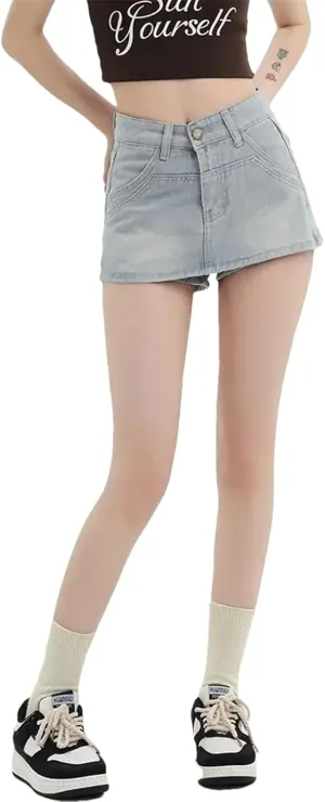 Women's High Waisted Slimming Denim Mini Wrap Skirt Summer Light Color Distressed A Line Hip Skirts
