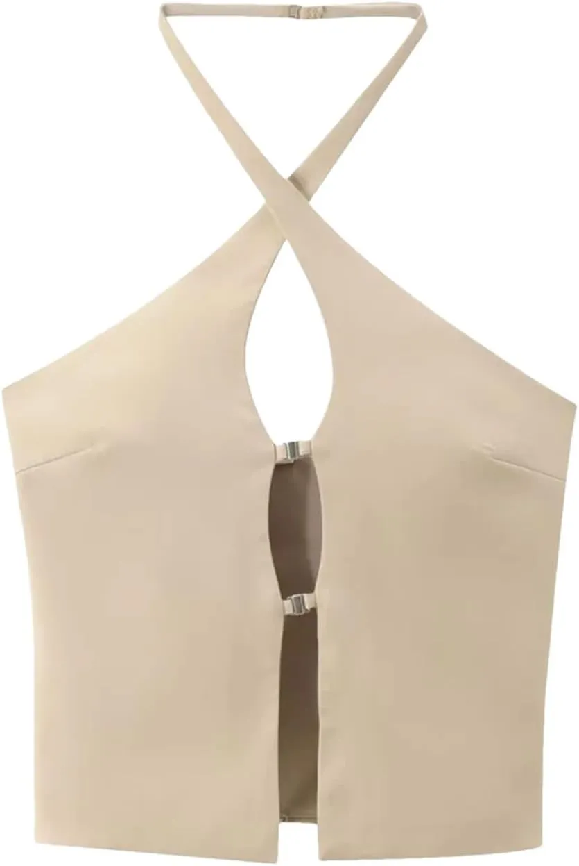 Women's Hollowed Out Camisole Sexy Slim Backless Sleeveless Tank Tops with Button