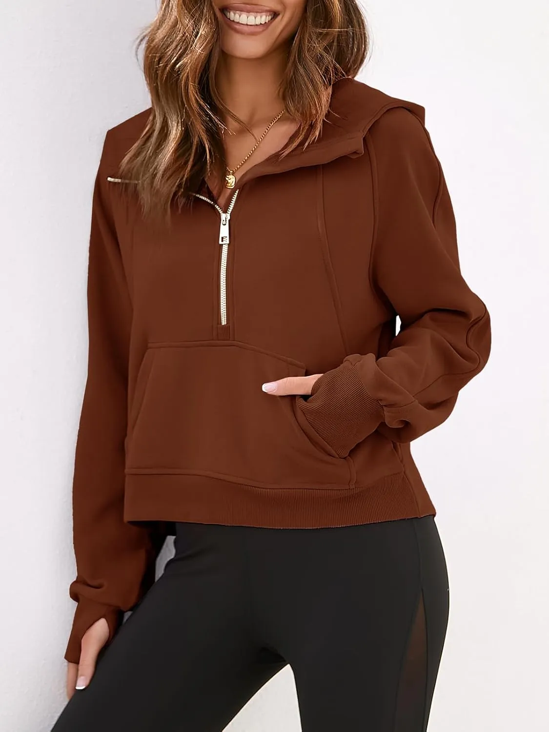 Womens Hooded Pullover Sweatshirts Half Zipper Crop Hoodie Fleece Lined Collar Zip Up Hoodies Cropped Long Sleeve Tops