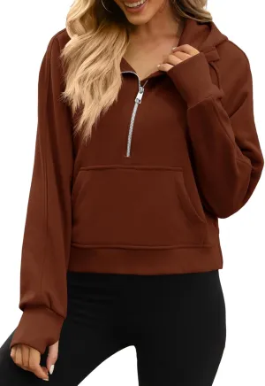 Womens Hooded Pullover Sweatshirts Half Zipper Crop Hoodie Fleece Lined Collar Zip Up Hoodies Cropped Long Sleeve Tops