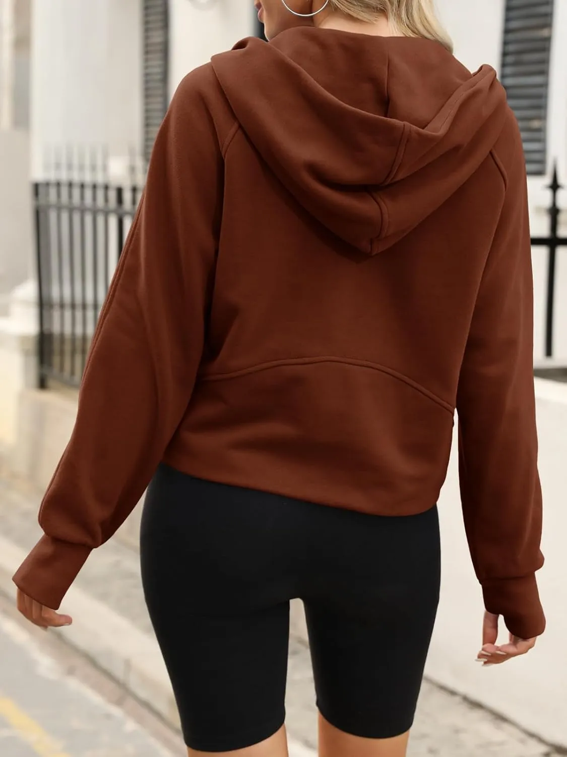Womens Hooded Pullover Sweatshirts Half Zipper Crop Hoodie Fleece Lined Collar Zip Up Hoodies Cropped Long Sleeve Tops