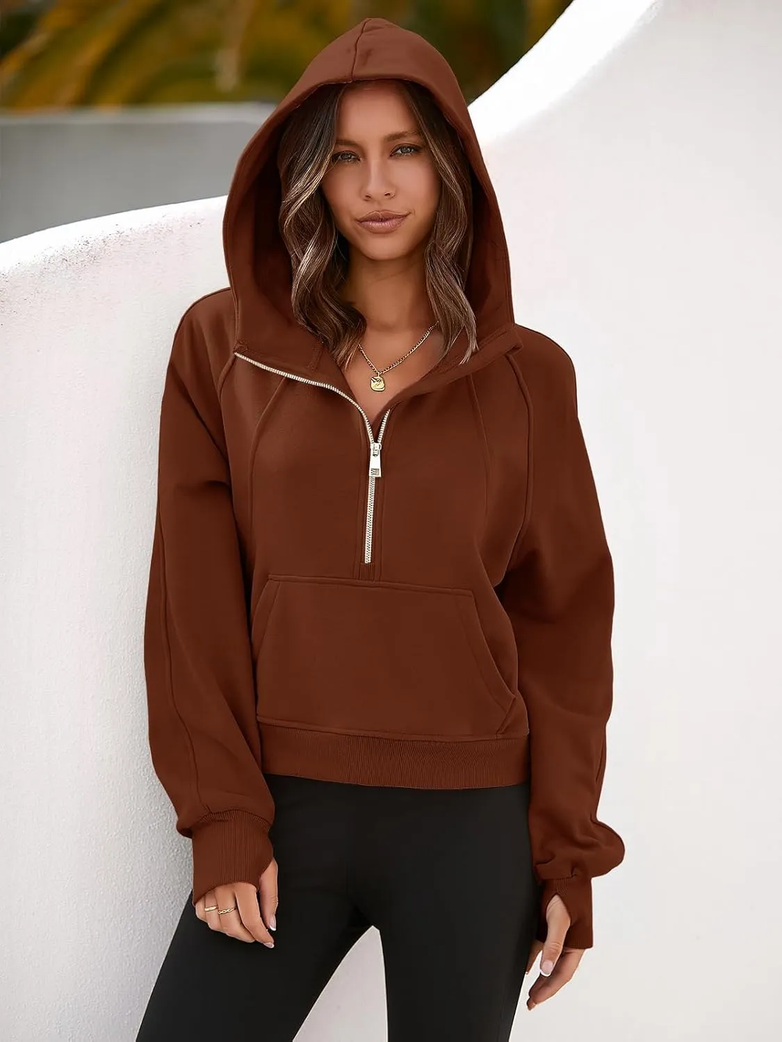 Womens Hooded Pullover Sweatshirts Half Zipper Crop Hoodie Fleece Lined Collar Zip Up Hoodies Cropped Long Sleeve Tops