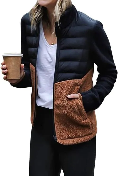 Womens Long-Sleeve Zipper Front Patchwork Down Jacket Slim Fit Contrast Color Coat Fall Winter Sherpa Fleece Jacket