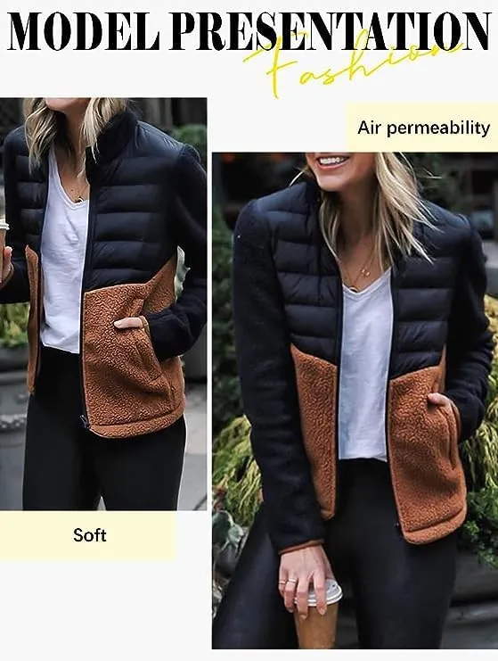Womens Long-Sleeve Zipper Front Patchwork Down Jacket Slim Fit Contrast Color Coat Fall Winter Sherpa Fleece Jacket