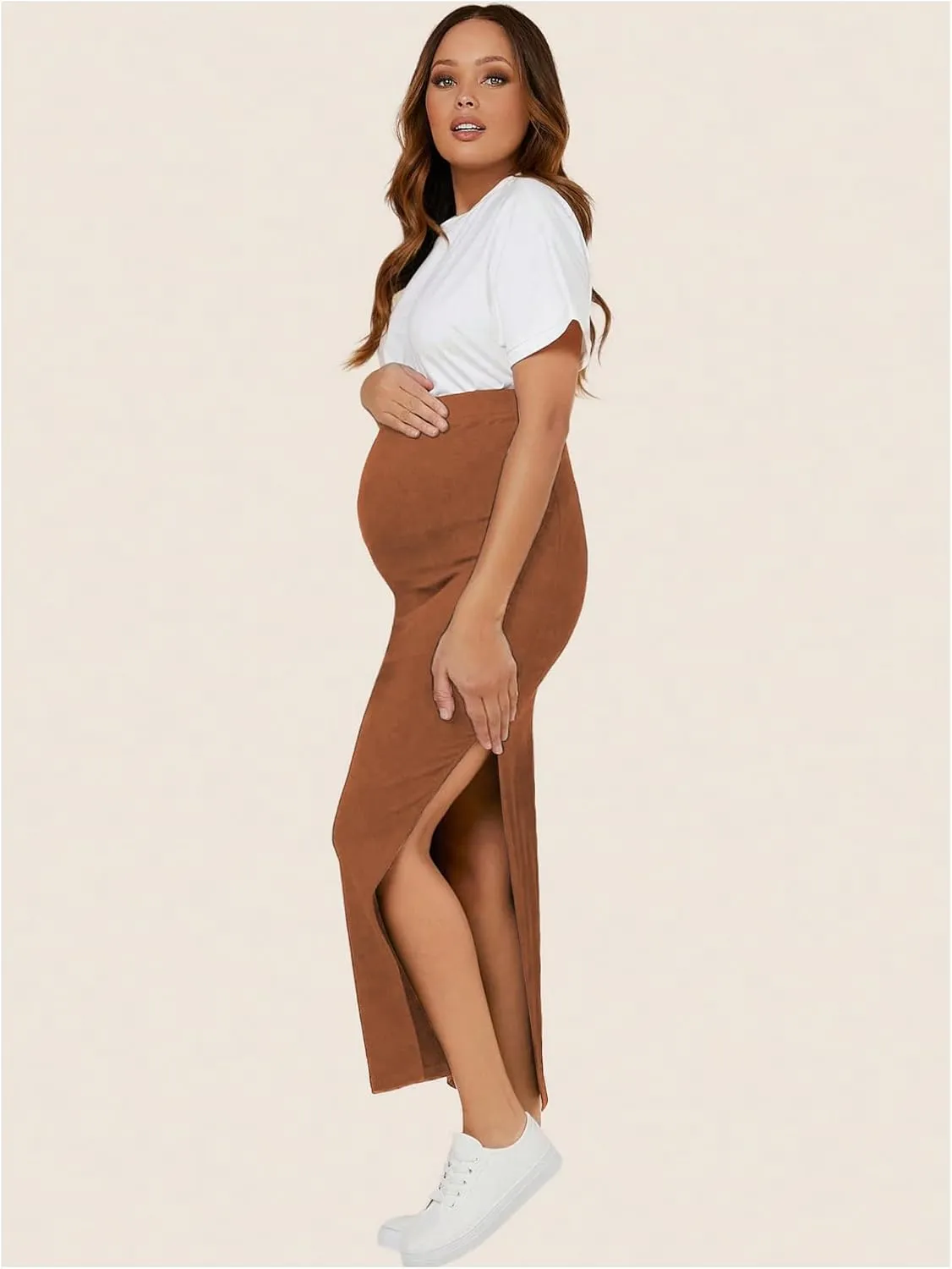Women's Maternity Long Skirt High Waist Split Thigh Pregnancy Casual Bodycon Skirts