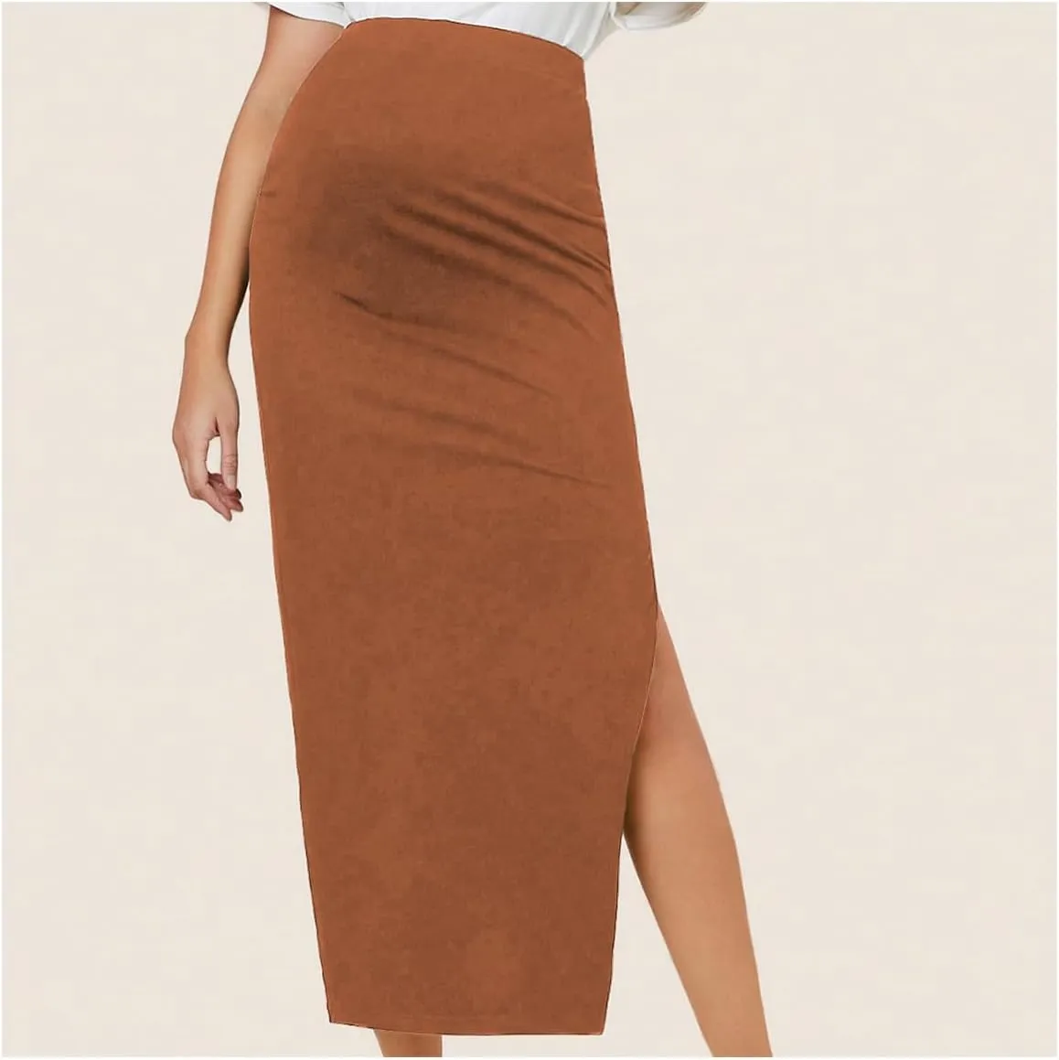 Women's Maternity Long Skirt High Waist Split Thigh Pregnancy Casual Bodycon Skirts