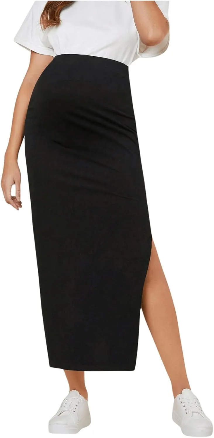 Women's Maternity Long Skirt High Waist Split Thigh Pregnancy Casual Bodycon Skirts