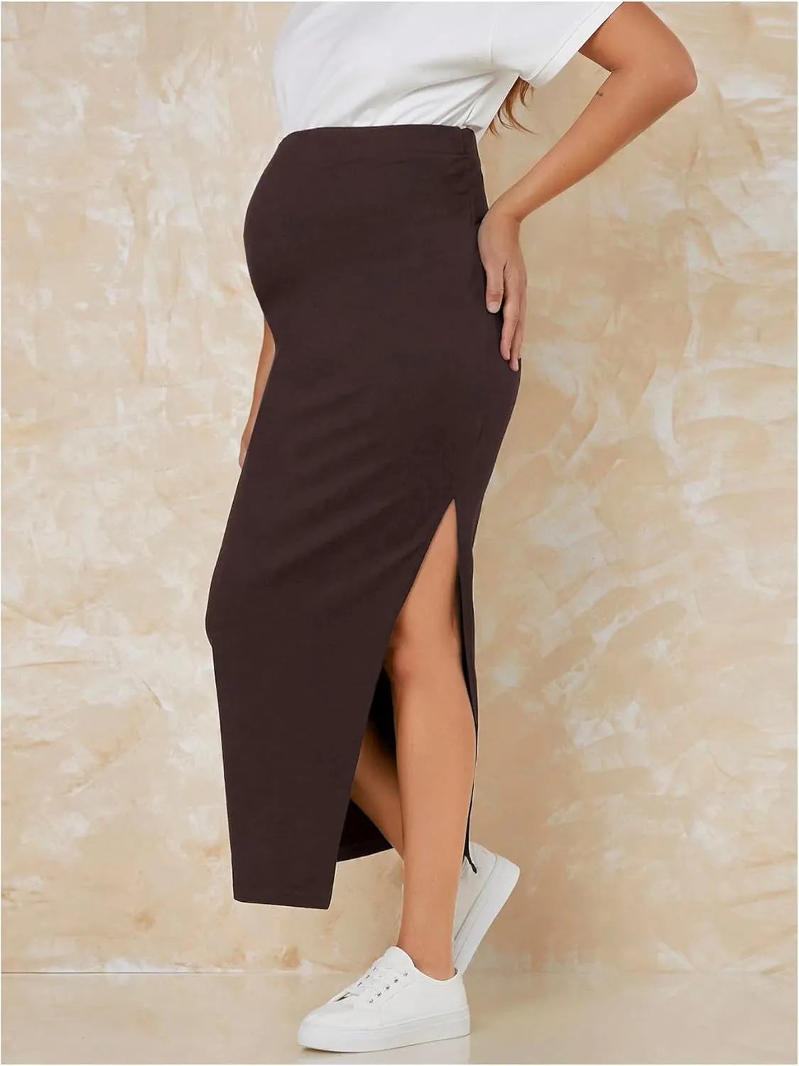 Women's Maternity Long Skirt High Waist Split Thigh Pregnancy Casual Bodycon Skirts