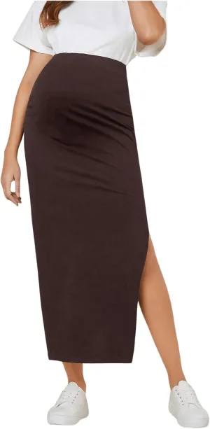 Women's Maternity Long Skirt High Waist Split Thigh Pregnancy Casual Bodycon Skirts