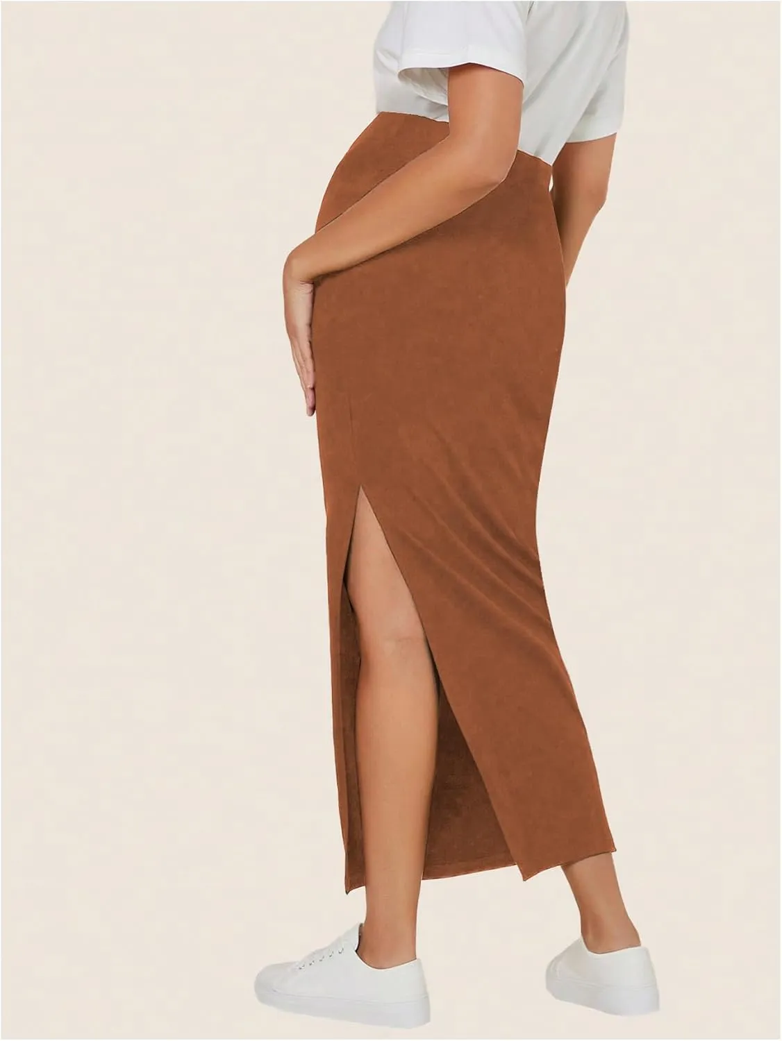 Women's Maternity Long Skirt High Waist Split Thigh Pregnancy Casual Bodycon Skirts