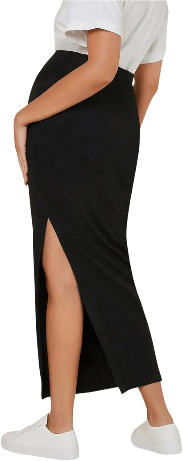 Women's Maternity Long Skirt High Waist Split Thigh Pregnancy Casual Bodycon Skirts