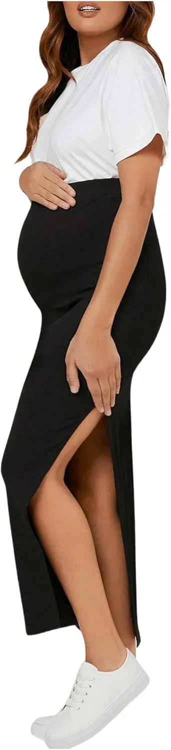 Women's Maternity Long Skirt High Waist Split Thigh Pregnancy Casual Bodycon Skirts