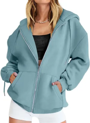 Womens Oversized Zip Up Hoodies Loose Long Sleeve Zipper Hooded Sweatshirt Casual Solid Jackets with Pockets