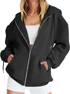 Womens Oversized Zip Up Hoodies Loose Long Sleeve Zipper Hooded Sweatshirt Casual Solid Jackets with Pockets