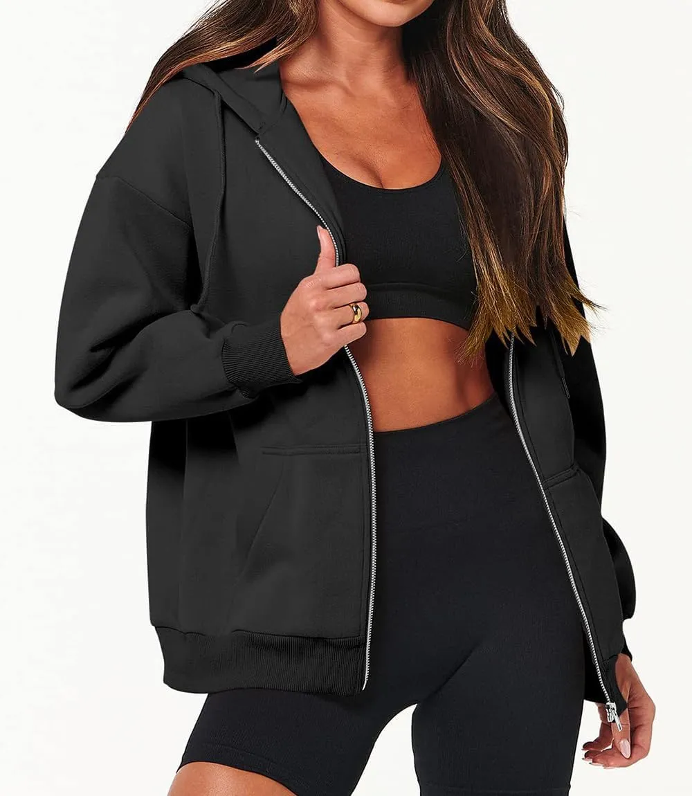 Womens Oversized Zip Up Hoodies Loose Long Sleeve Zipper Hooded Sweatshirt Casual Solid Jackets with Pockets