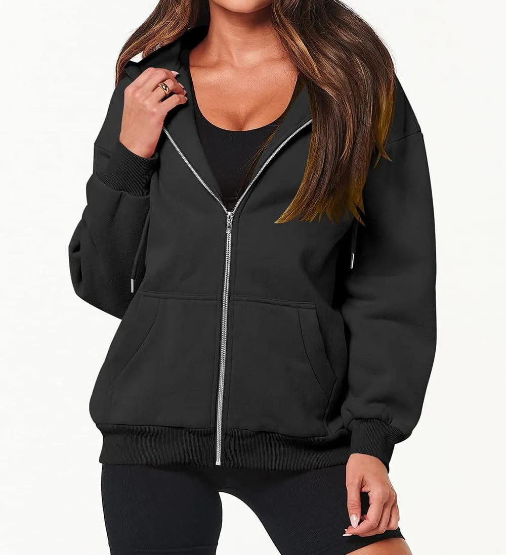 Womens Oversized Zip Up Hoodies Loose Long Sleeve Zipper Hooded Sweatshirt Casual Solid Jackets with Pockets