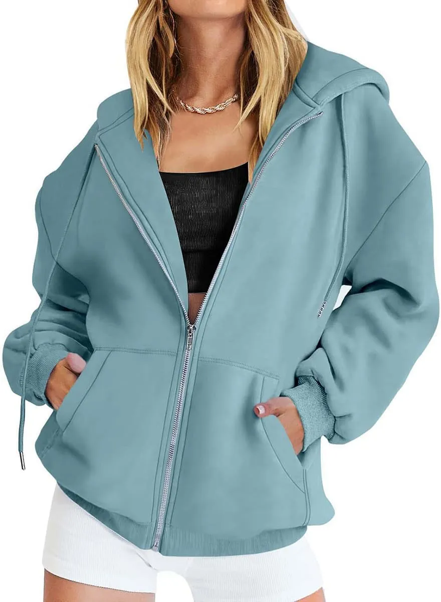 Womens Oversized Zip Up Hoodies Loose Long Sleeve Zipper Hooded Sweatshirt Casual Solid Jackets with Pockets