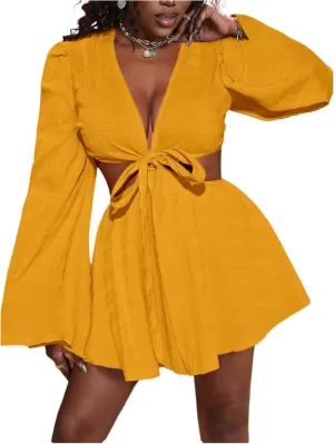 Women's Sexy Summer Tropical Mini Dress Y2K Deep V Cut Out Dresses Long Bell Sleeve Vacation Tie Front Sundress