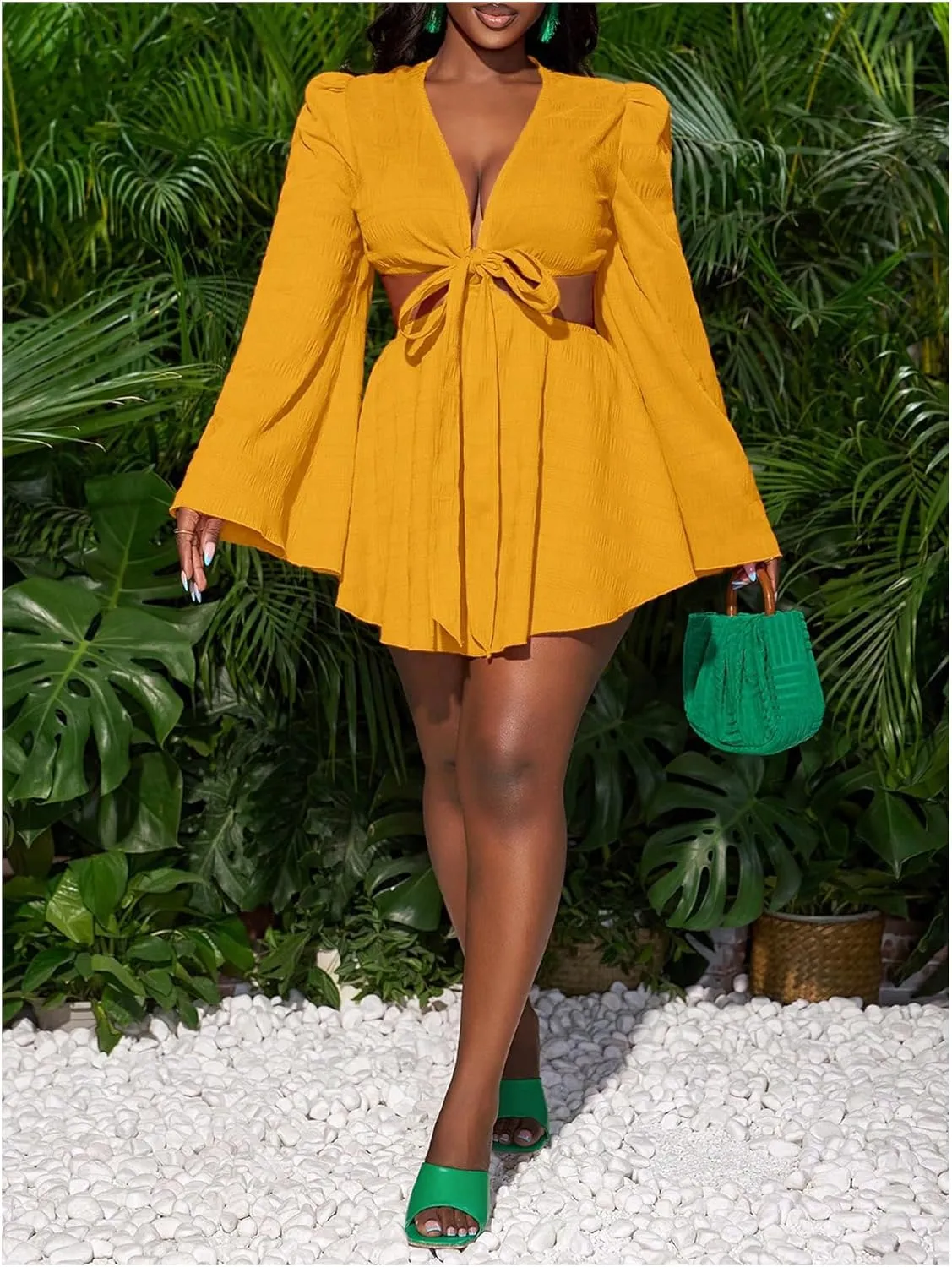 Women's Sexy Summer Tropical Mini Dress Y2K Deep V Cut Out Dresses Long Bell Sleeve Vacation Tie Front Sundress