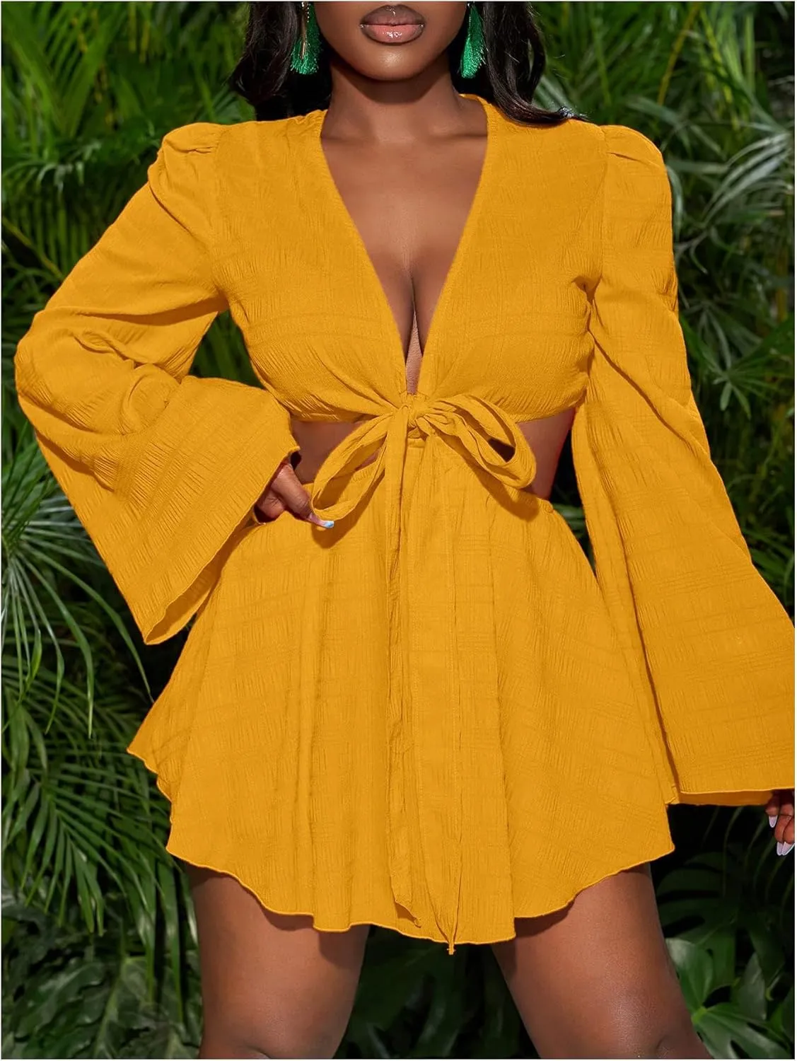 Women's Sexy Summer Tropical Mini Dress Y2K Deep V Cut Out Dresses Long Bell Sleeve Vacation Tie Front Sundress