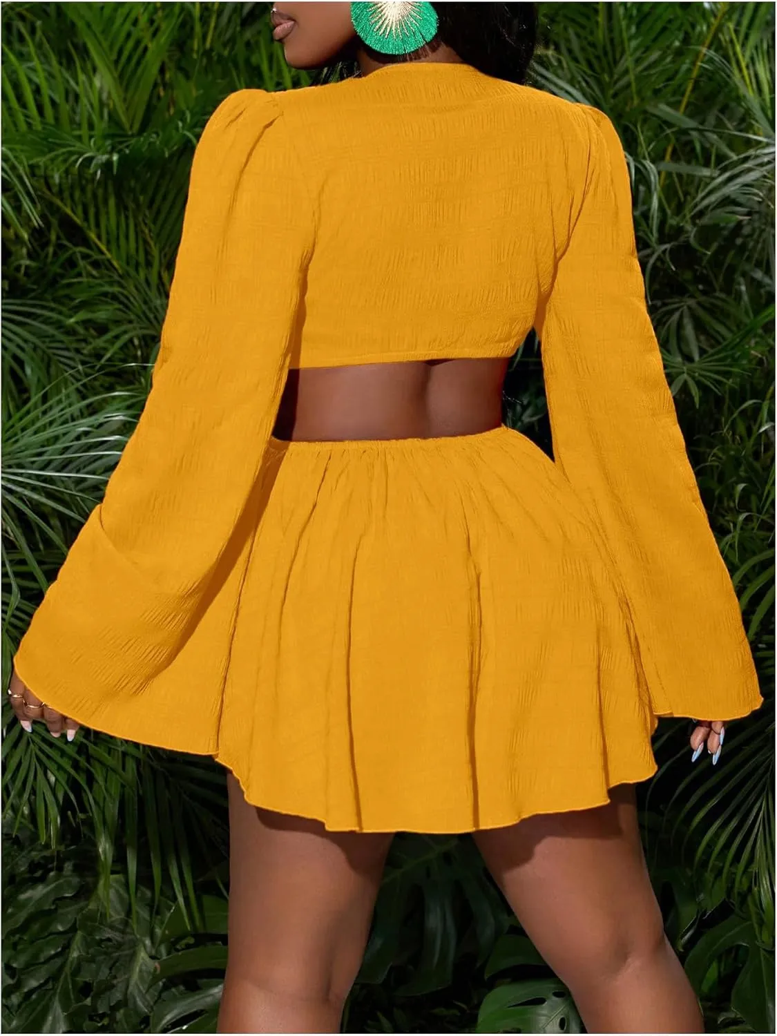 Women's Sexy Summer Tropical Mini Dress Y2K Deep V Cut Out Dresses Long Bell Sleeve Vacation Tie Front Sundress