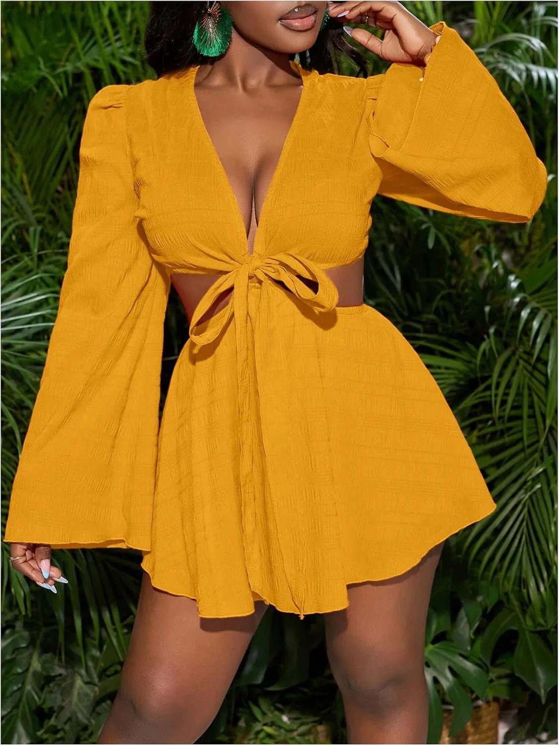 Women's Sexy Summer Tropical Mini Dress Y2K Deep V Cut Out Dresses Long Bell Sleeve Vacation Tie Front Sundress