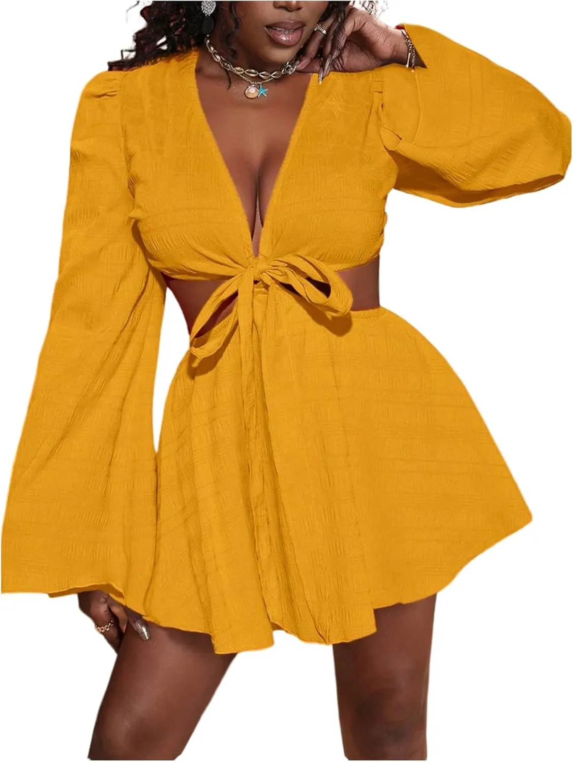 Women's Sexy Summer Tropical Mini Dress Y2K Deep V Cut Out Dresses Long Bell Sleeve Vacation Tie Front Sundress