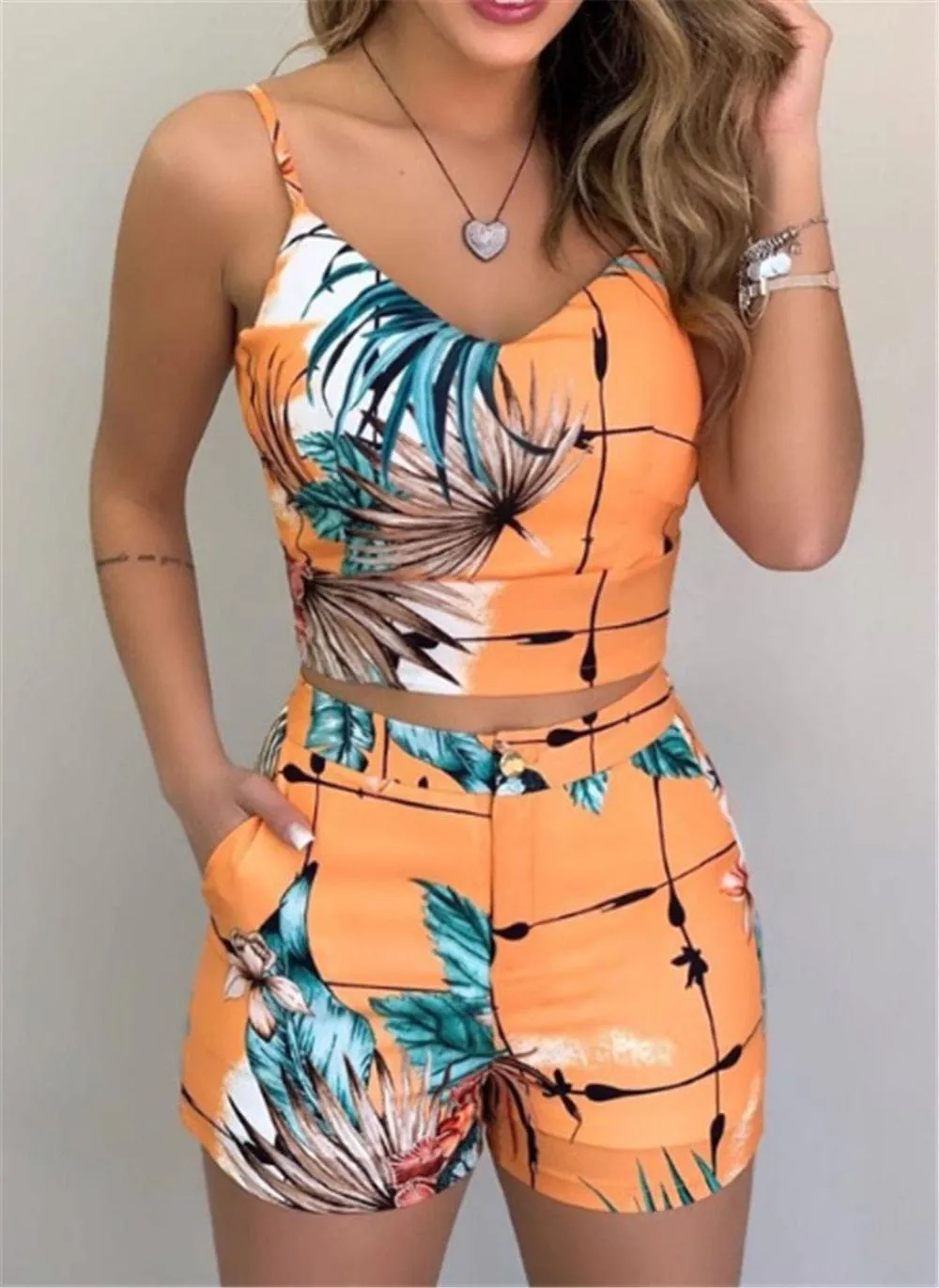 Women's Shorts 2 Pieces Sets Summer Office Lady Floral Female Outfits