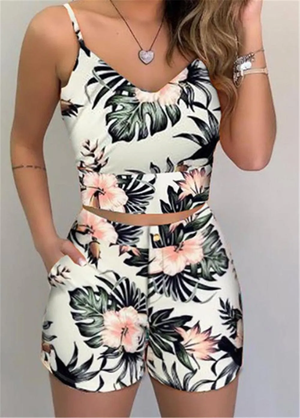 Women's Shorts 2 Pieces Sets Summer Office Lady Floral Female Outfits