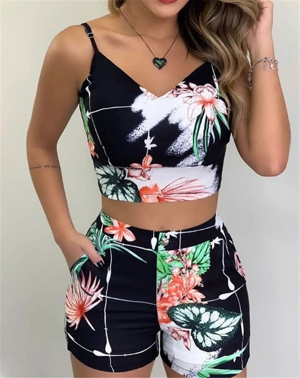 Women's Shorts 2 Pieces Sets Summer Office Lady Floral Female Outfits