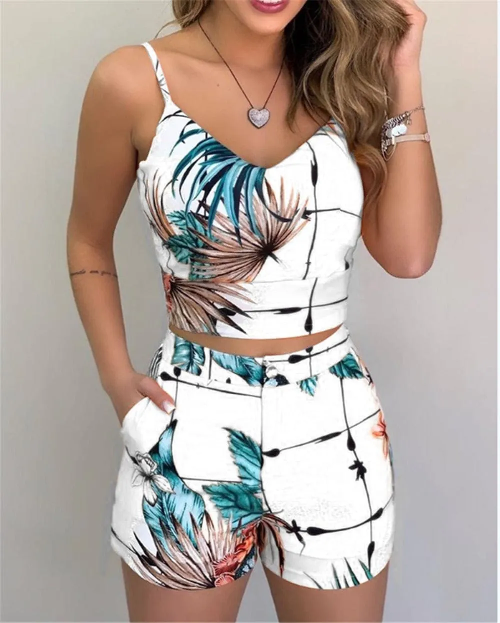Women's Shorts 2 Pieces Sets Summer Office Lady Floral Female Outfits