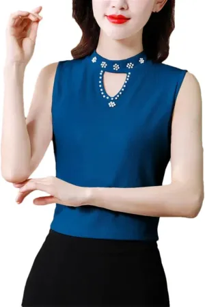 Women's Solid Color Round Neck Pearl Stitching Hollow Sleeveless Camisole Top