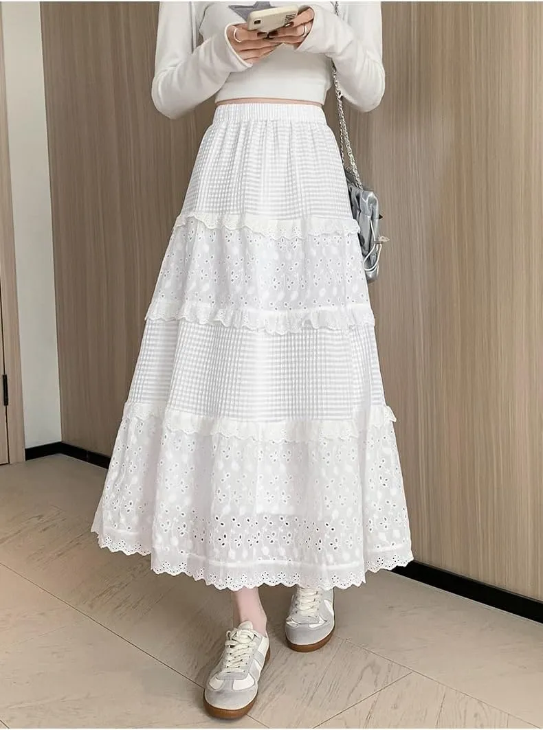 Women's Spring and Autumn Lace Pleated Skirt, High-Waisted A-Line Skirt, Midi Skirt for Petite