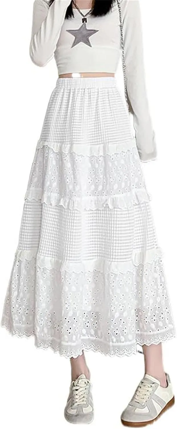 Women's Spring and Autumn Lace Pleated Skirt, High-Waisted A-Line Skirt, Midi Skirt for Petite