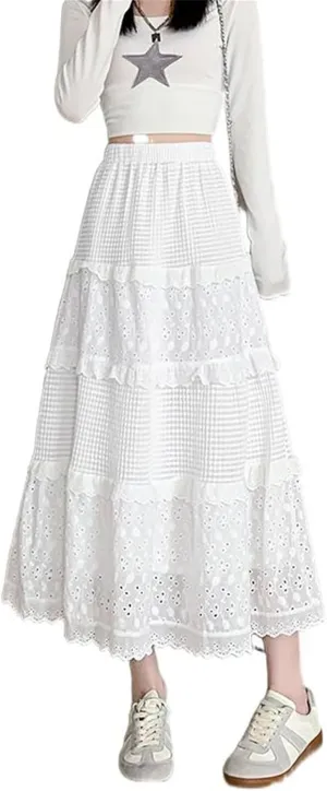 Women's Spring and Autumn Lace Pleated Skirt, High-Waisted A-Line Skirt, Midi Skirt for Petite
