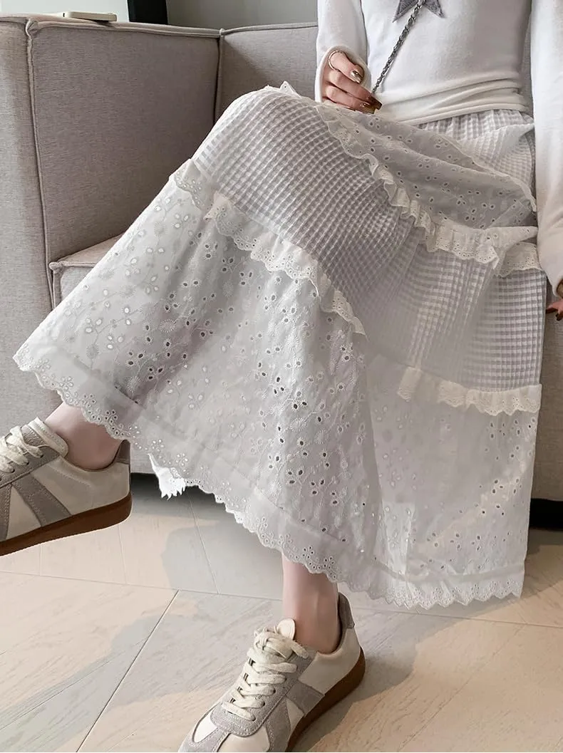 Women's Spring and Autumn Lace Pleated Skirt, High-Waisted A-Line Skirt, Midi Skirt for Petite
