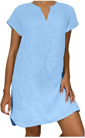 Womens Summer Cotton Linen Dresses Casual V Neck Short Sleeve Midi Dress Floral Embroidery Shirt Dress Plus Size S-5X Deals of The Day 2024 Vacation Sun Dresses Women, Medium, Light Blue R