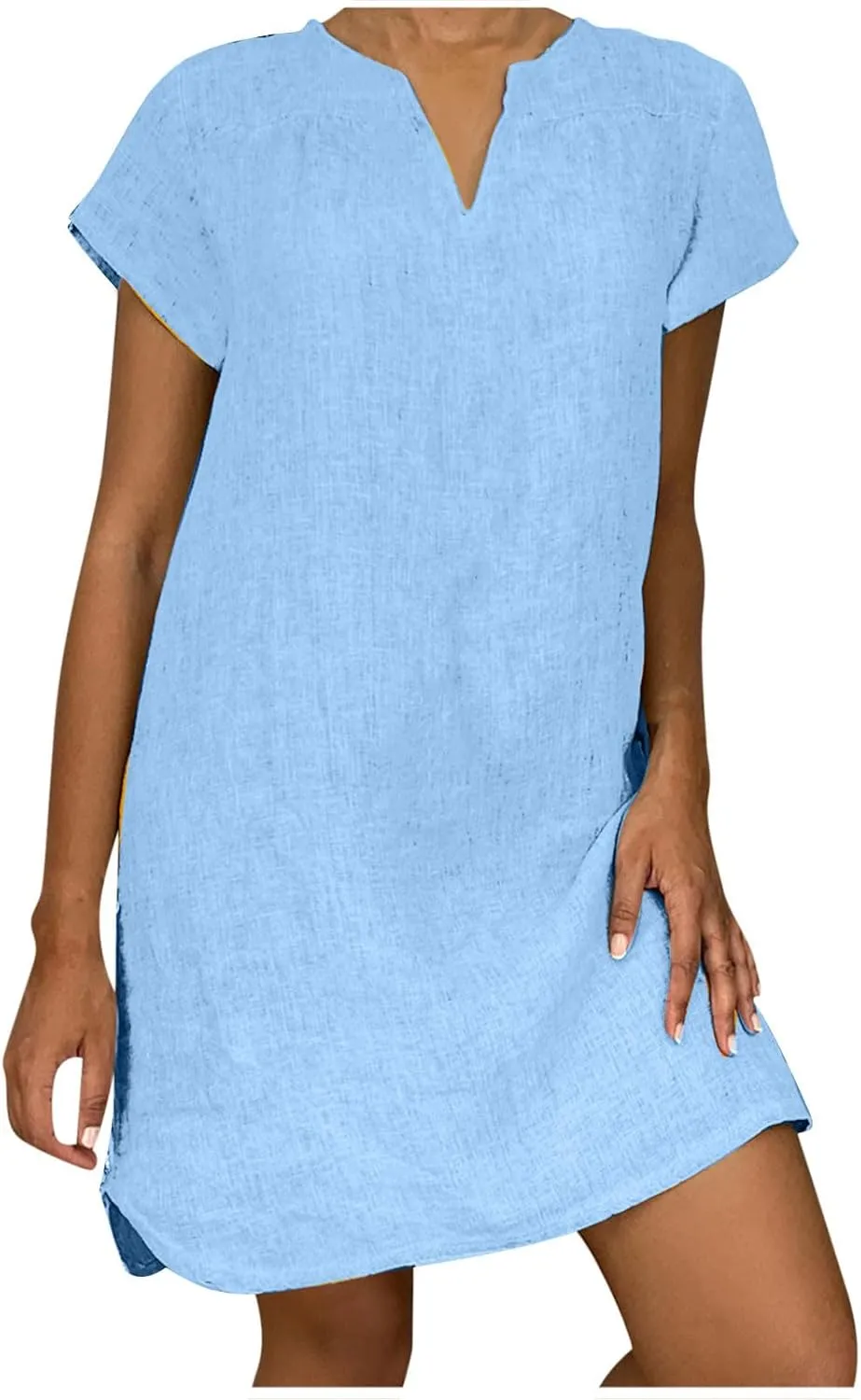 Womens Summer Cotton Linen Dresses Casual V Neck Short Sleeve Midi Dress Floral Embroidery Shirt Dress Plus Size S-5X Deals of The Day 2024 Vacation Sun Dresses Women, Medium, Light Blue R