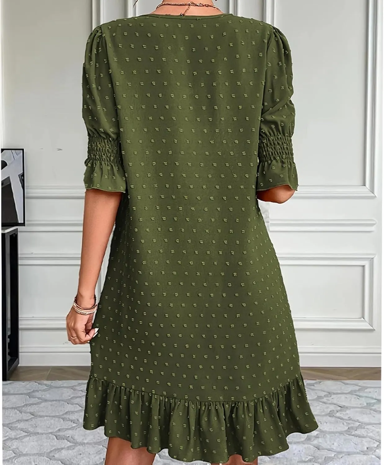 Womens Summer Dresses 2025 Casual Loose Fit Ruffled Hem Beach Dress Trendy Swiss Dots Short Sleeve V Neck Mini Dress